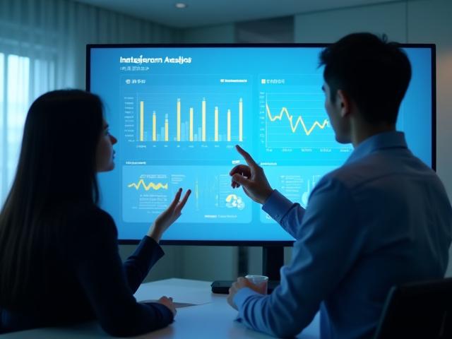 Instagramのインサイト画面でデータ分析を行うビジネスパーソンたちの光景
