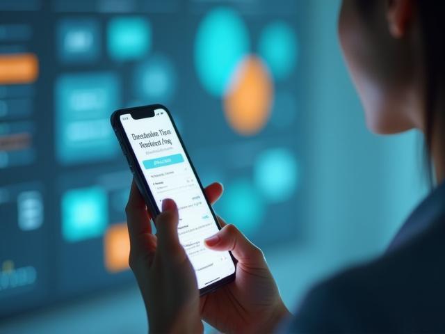 スマートフォンでLINEの画面を見ている女性、背景には顧客データ分析のグラフ